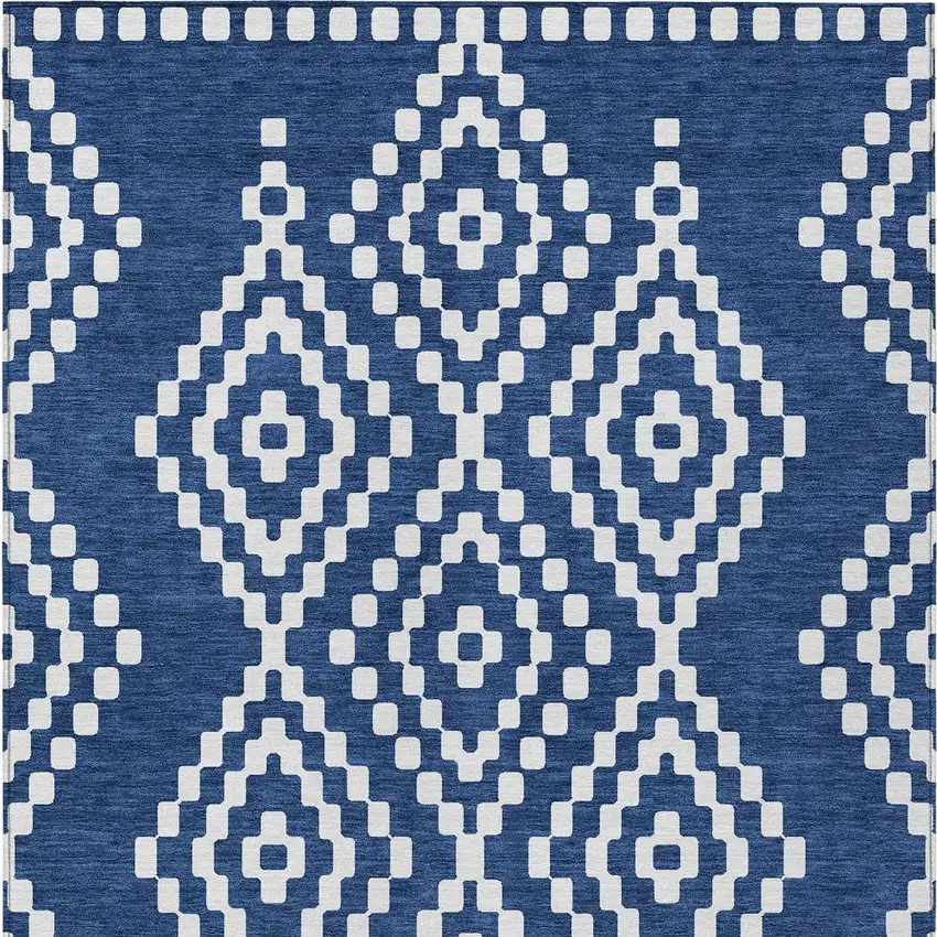 Navy Blue And Ivory Geometric Washable Indoor Outdoor Area Rug Photo 7