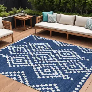 Photo of Navy Blue And Ivory Geometric Washable Indoor Outdoor Area Rug