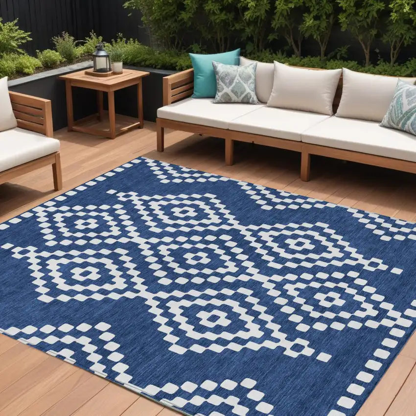 Navy Blue And Ivory Geometric Washable Indoor Outdoor Area Rug Photo 1