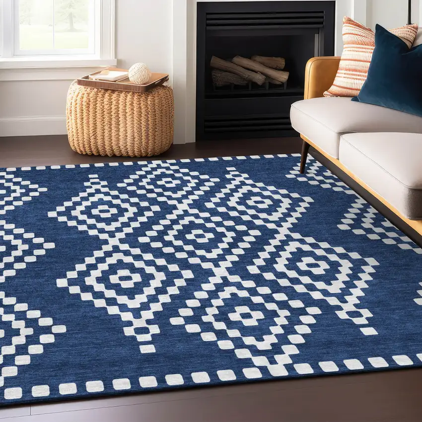 Navy Blue And Ivory Geometric Washable Indoor Outdoor Area Rug Photo 9