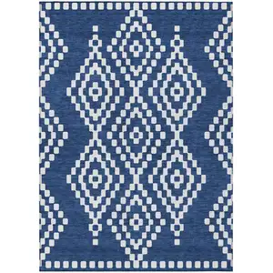 Photo of Navy Blue And Ivory Geometric Washable Indoor Outdoor Area Rug