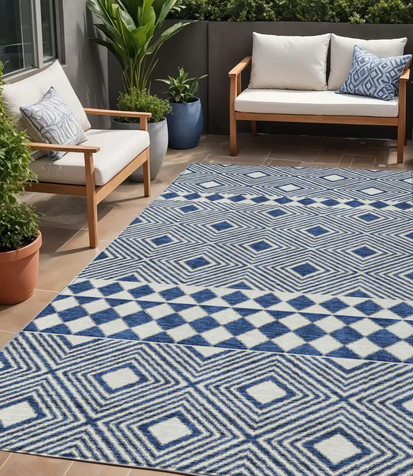 Navy Blue And Ivory Geometric Washable Indoor Outdoor Area Rug Photo 1
