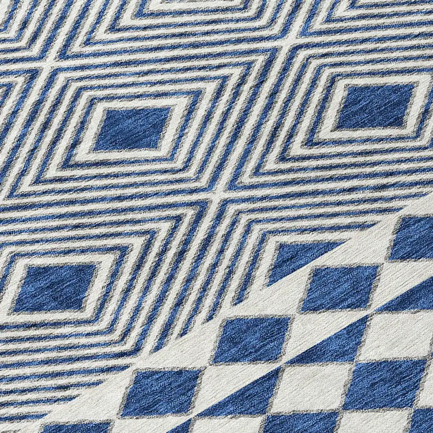 Navy Blue And Ivory Geometric Washable Indoor Outdoor Area Rug Photo 8