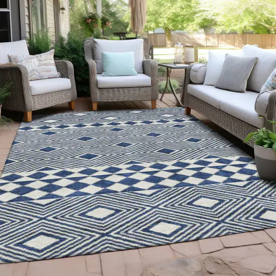 Navy Blue And Ivory Geometric Washable Indoor Outdoor Area Rug Photo 8