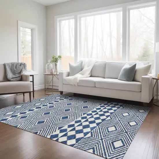 Navy Blue And Ivory Geometric Washable Indoor Outdoor Area Rug Photo 9