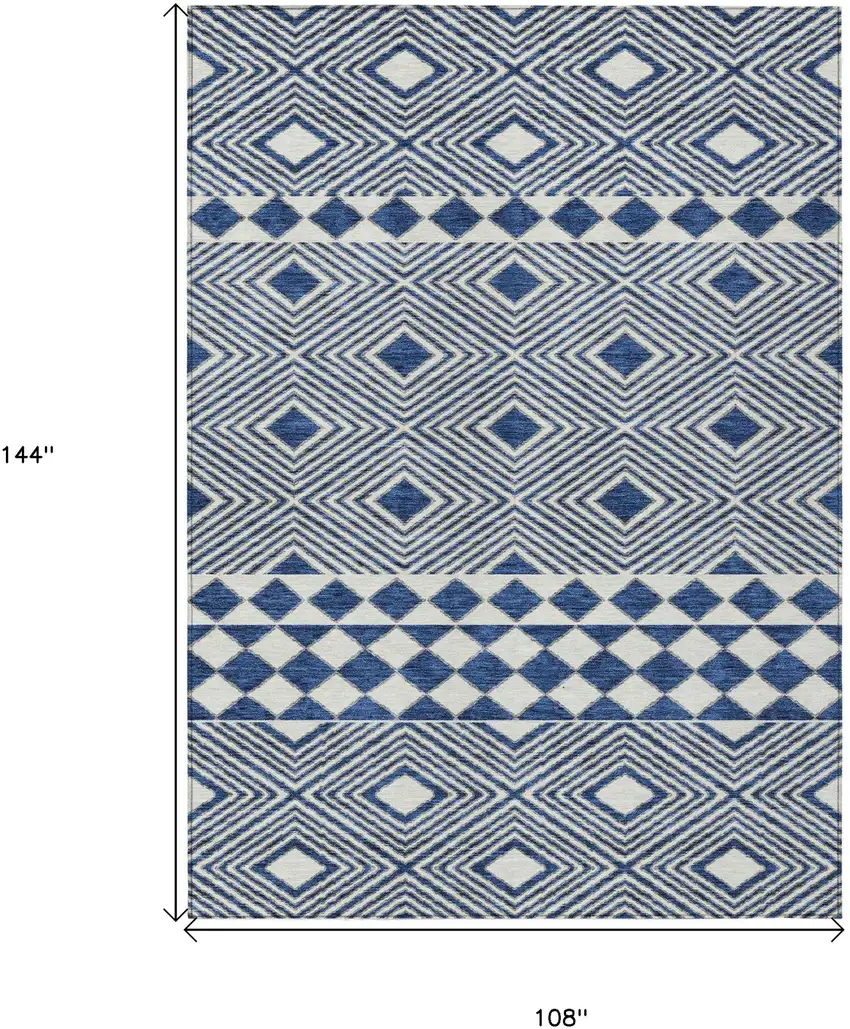 Navy Blue And Ivory Geometric Washable Indoor Outdoor Area Rug Photo 7