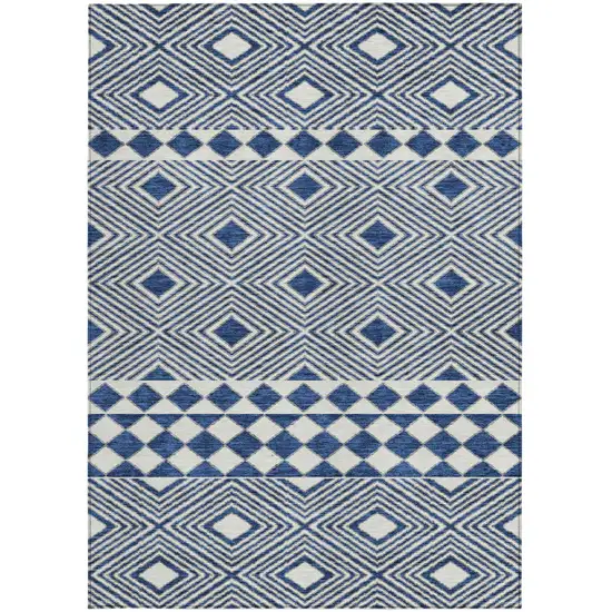 Navy Blue And Ivory Geometric Washable Indoor Outdoor Area Rug Photo 7