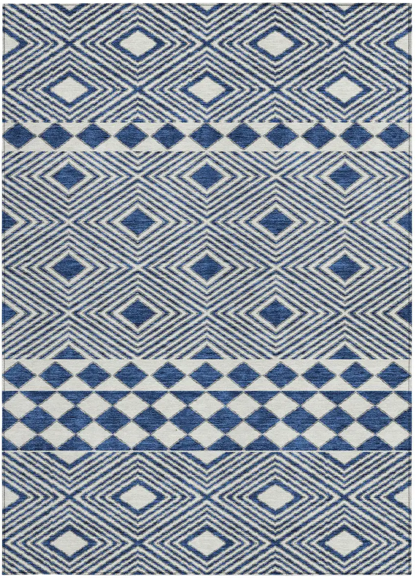 Navy Blue And Ivory Geometric Washable Indoor Outdoor Area Rug Photo 7