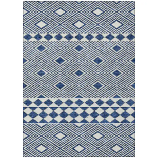 Navy Blue And Ivory Geometric Washable Indoor Outdoor Area Rug Photo 2