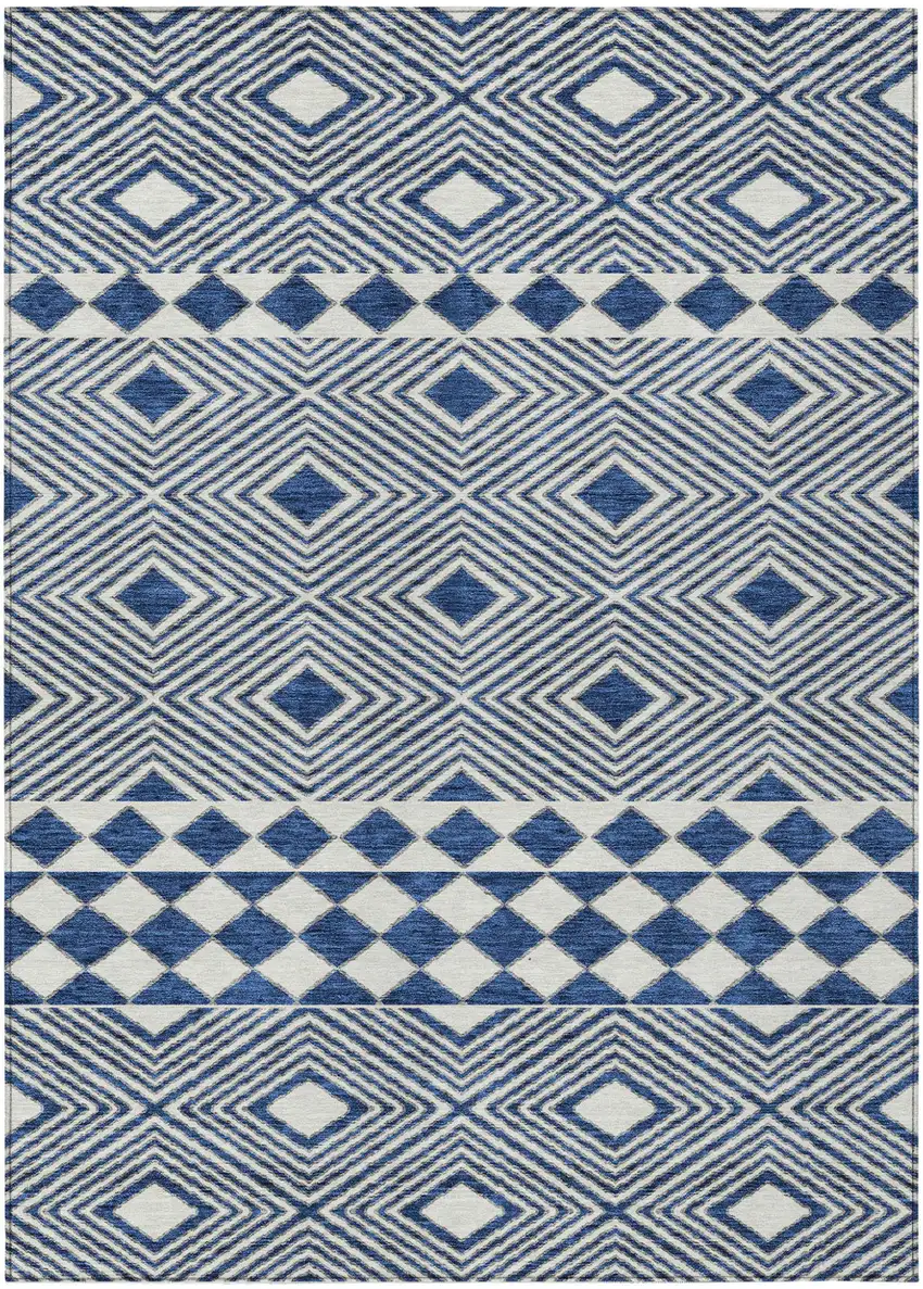 Navy Blue And Ivory Geometric Washable Indoor Outdoor Area Rug Photo 2