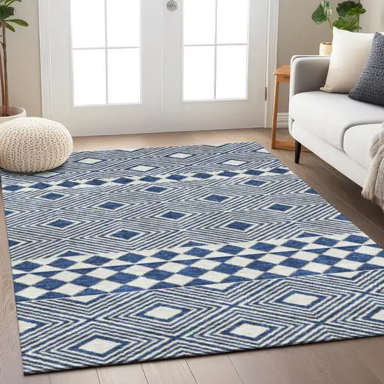 Navy Blue And Ivory Geometric Washable Indoor Outdoor Area Rug Photo 9
