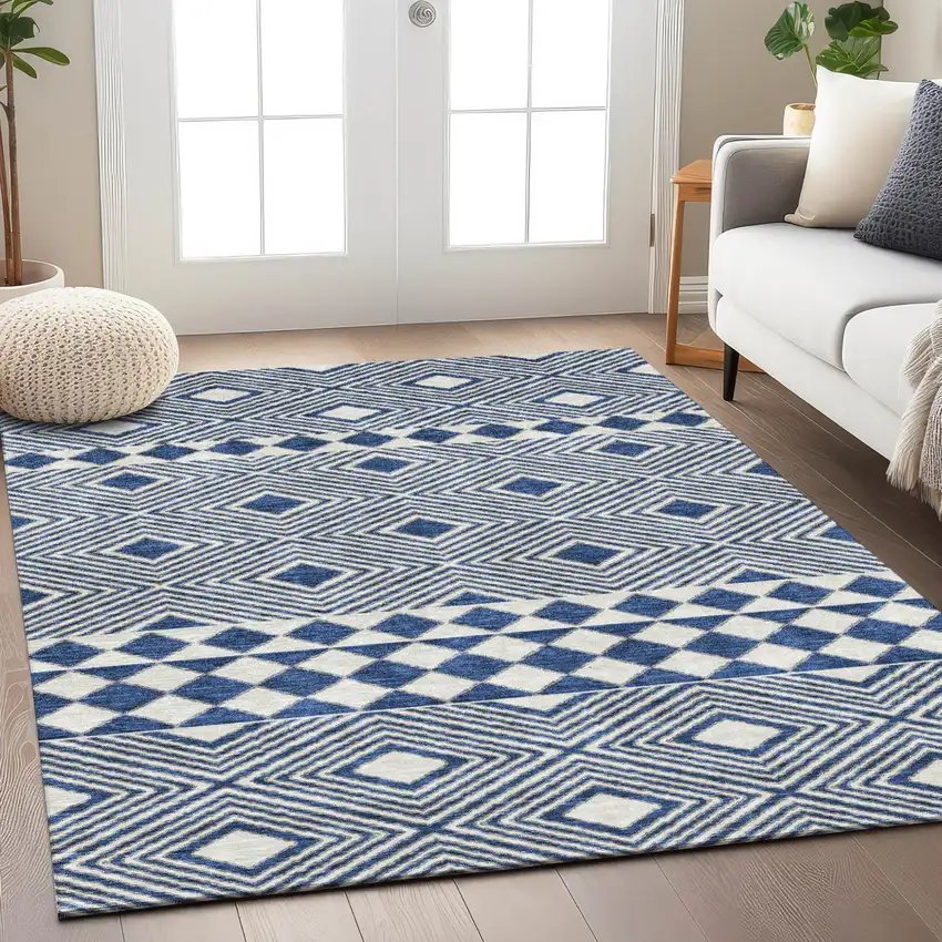 Navy Blue And Ivory Geometric Washable Indoor Outdoor Area Rug Photo 9