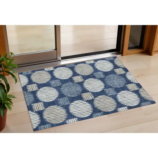 Navy Blue And Ivory Geometric Washable Indoor Outdoor Area Rug Photo 1