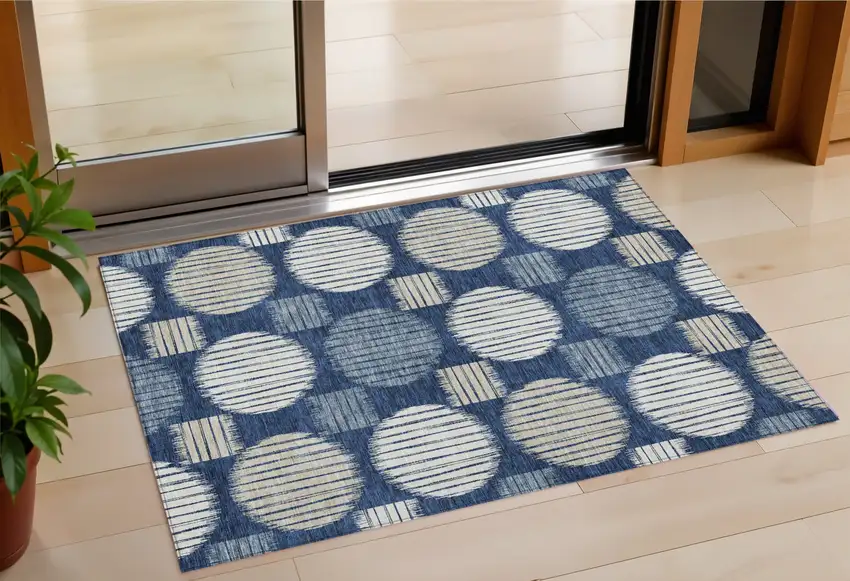 Navy Blue And Ivory Geometric Washable Indoor Outdoor Area Rug Photo 1
