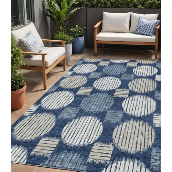 Navy Blue And Ivory Geometric Washable Indoor Outdoor Area Rug Photo 1