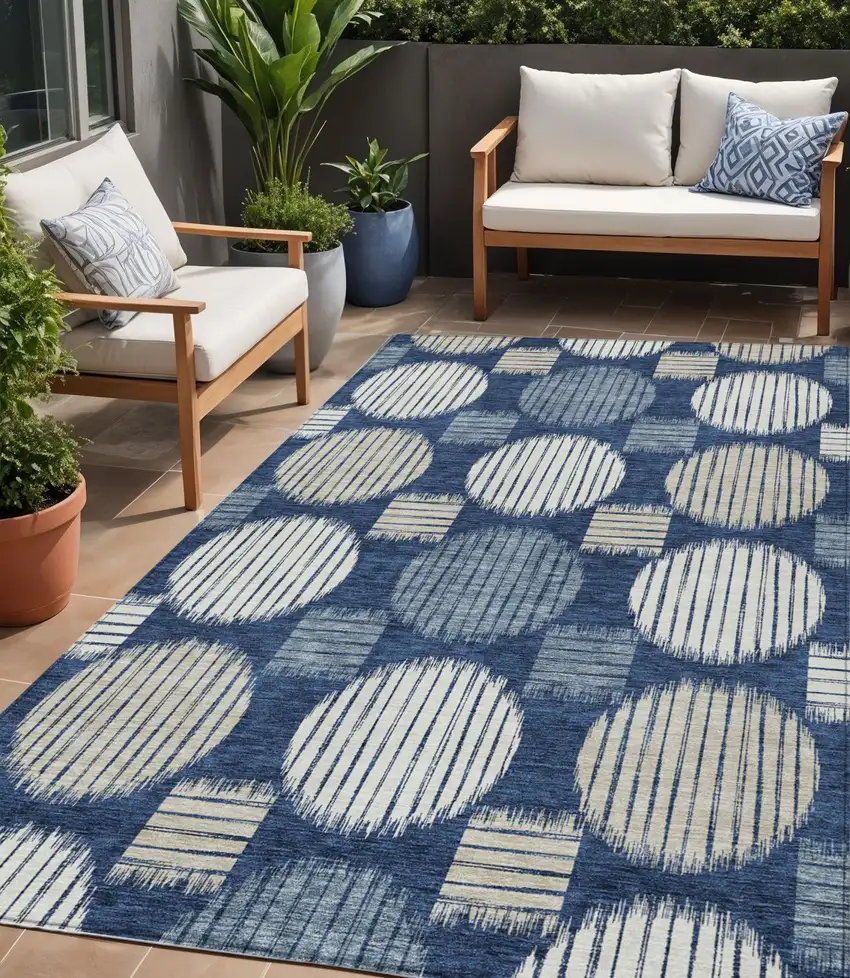 Navy Blue And Ivory Geometric Washable Indoor Outdoor Area Rug Photo 1