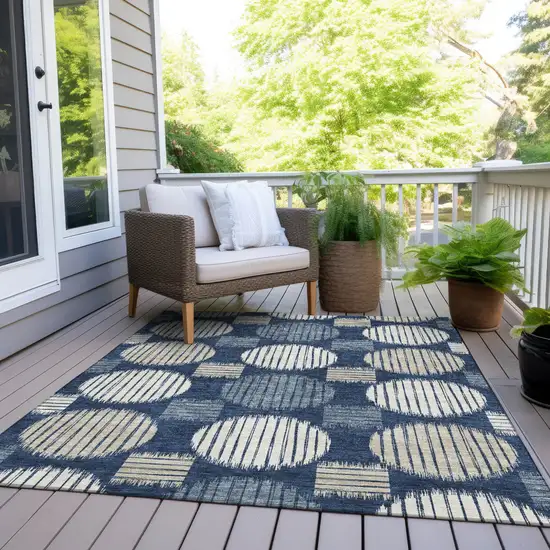 Navy Blue And Ivory Geometric Washable Indoor Outdoor Area Rug Photo 9