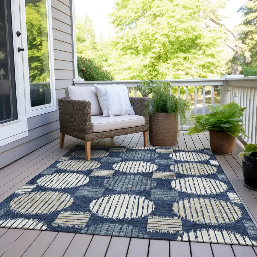 Navy Blue And Ivory Geometric Washable Indoor Outdoor Area Rug Photo 9
