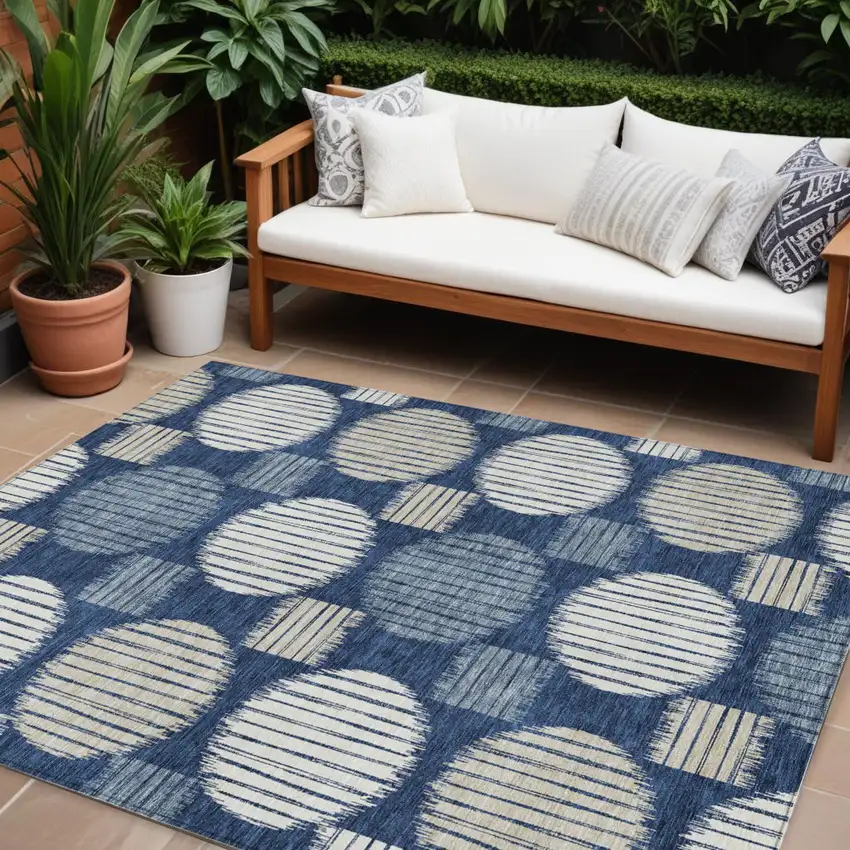 Navy Blue And Ivory Geometric Washable Indoor Outdoor Area Rug Photo 1
