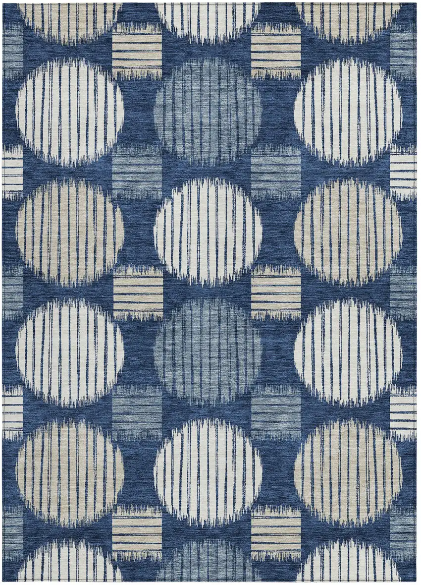 Navy Blue And Ivory Geometric Washable Indoor Outdoor Area Rug Photo 8