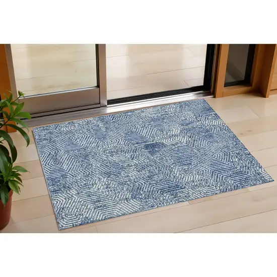 Navy Blue And Ivory Geometric Washable Indoor Outdoor Area Rug Photo 1