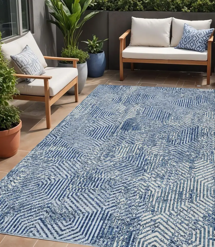 Navy Blue And Ivory Geometric Washable Indoor Outdoor Area Rug Photo 1