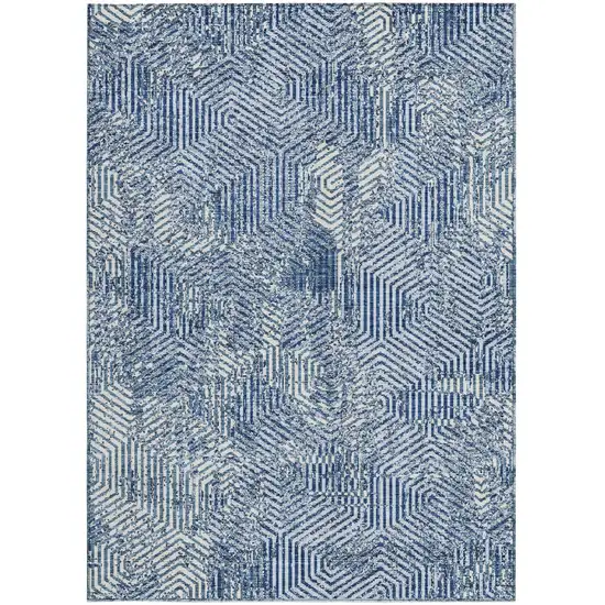 Navy Blue And Ivory Geometric Washable Indoor Outdoor Area Rug Photo 6