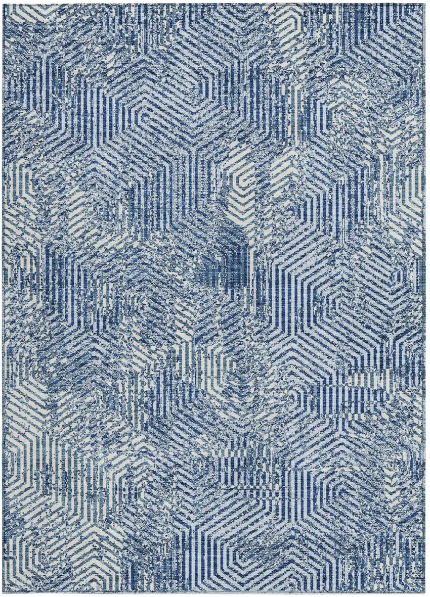 Navy Blue And Ivory Geometric Washable Indoor Outdoor Area Rug Photo 6