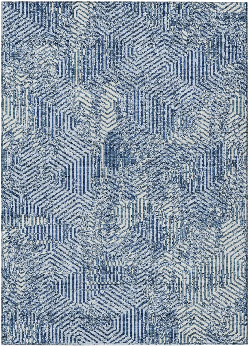 Navy Blue And Ivory Geometric Washable Indoor Outdoor Area Rug Photo 2