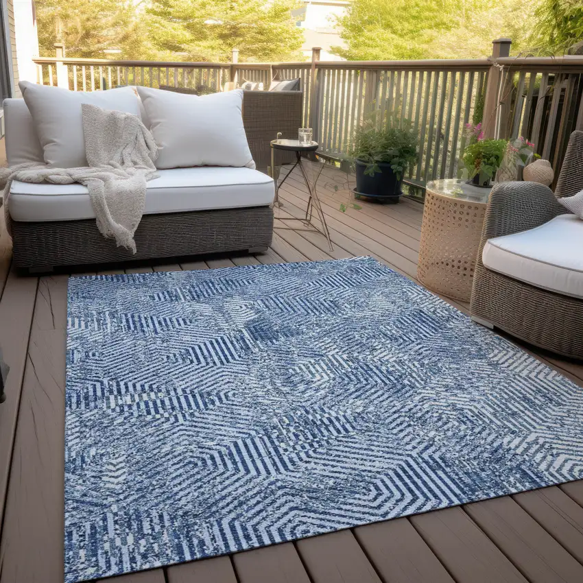 Navy Blue And Ivory Geometric Washable Indoor Outdoor Area Rug Photo 9