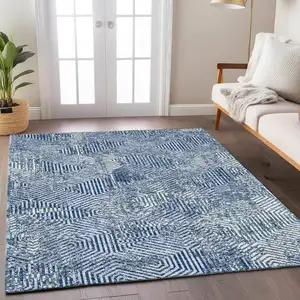 Photo of Navy Blue And Ivory Geometric Washable Indoor Outdoor Area Rug
