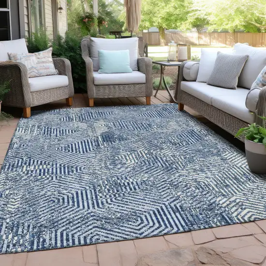 Navy Blue And Ivory Geometric Washable Indoor Outdoor Area Rug Photo 7