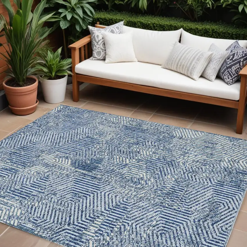 Navy Blue And Ivory Geometric Washable Indoor Outdoor Area Rug Photo 1