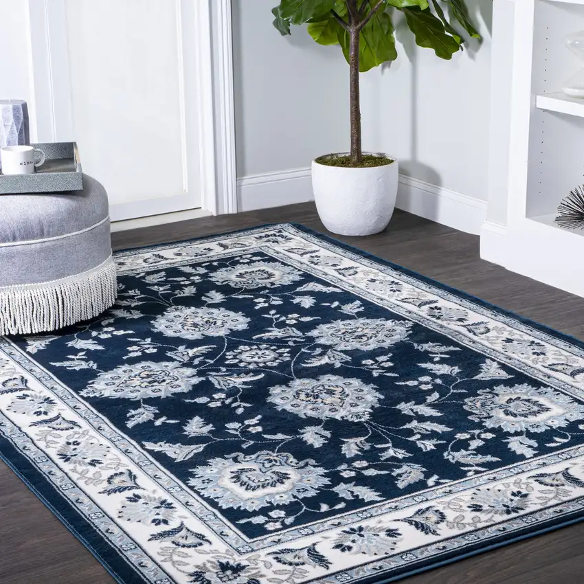 Navy Blue And Ivory Medallion Area Rug Photo 6