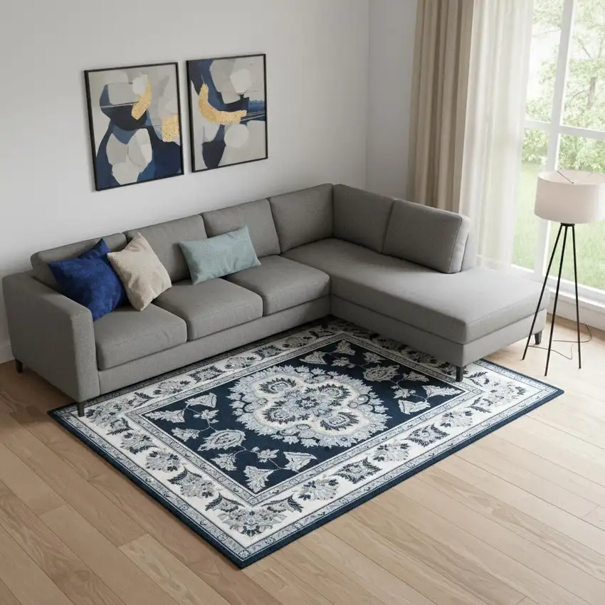 Navy Blue And Ivory Medallion Area Rug Photo 1