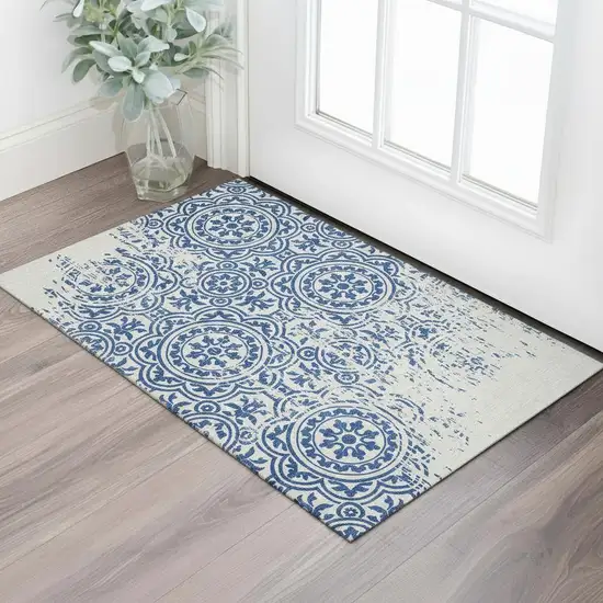 Navy Blue And Ivory Medallion Washable Area Rug With UV Protection Photo 1