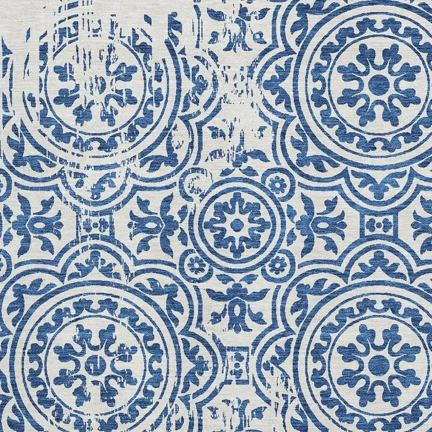 Navy Blue And Ivory Medallion Washable Area Rug With UV Protection Photo 3