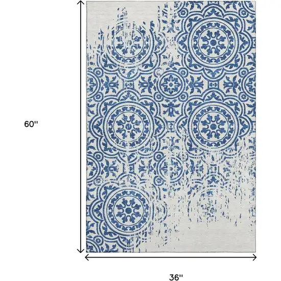 Navy Blue And Ivory Medallion Washable Area Rug With UV Protection Photo 3