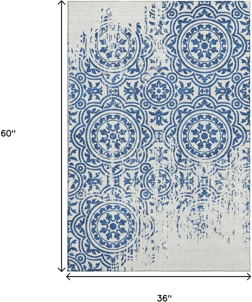 Navy Blue And Ivory Medallion Washable Area Rug With UV Protection Photo 3