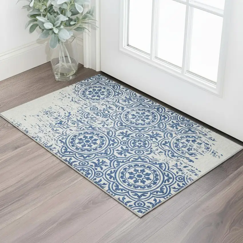 Navy Blue And Ivory Medallion Washable Area Rug With UV Protection Photo 2