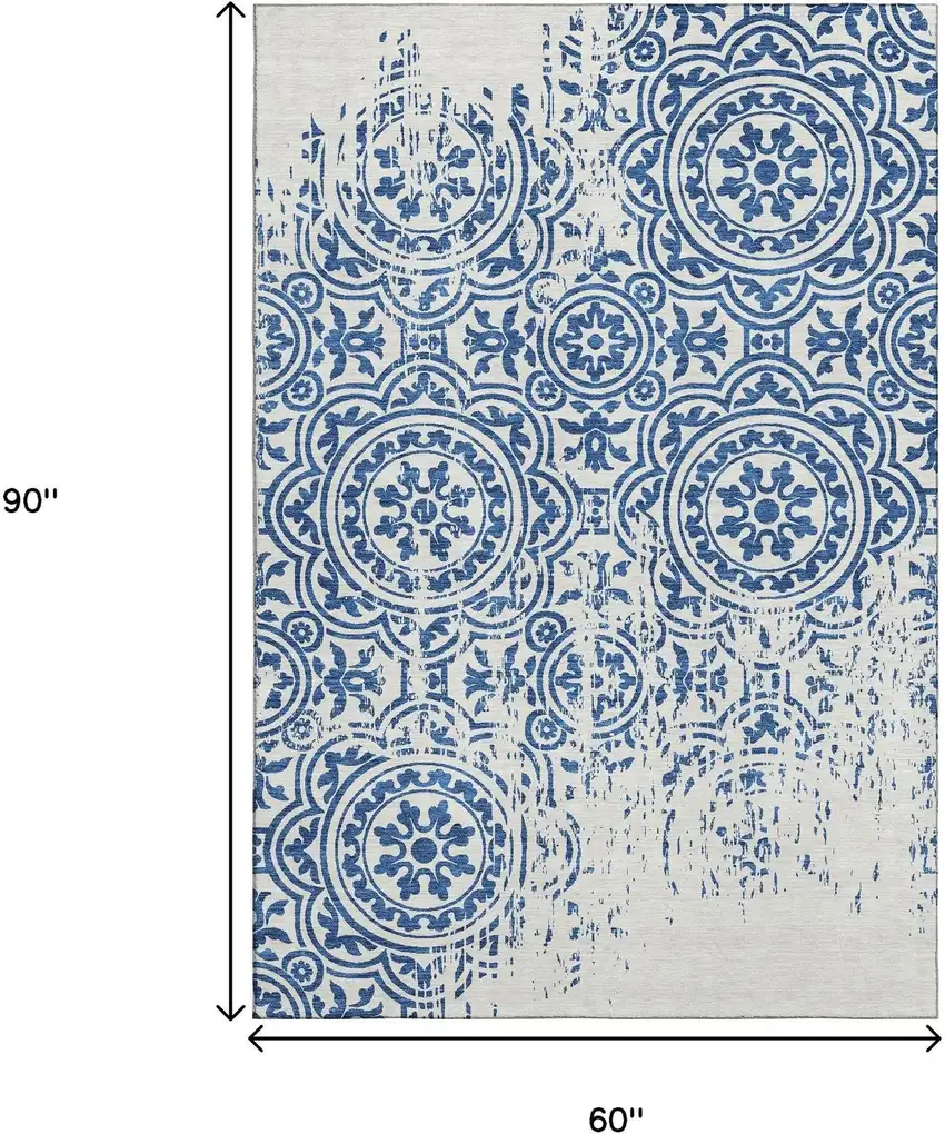 Navy Blue And Ivory Medallion Washable Area Rug With UV Protection Photo 3