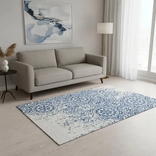 Navy Blue And Ivory Medallion Washable Area Rug With UV Protection Photo 2