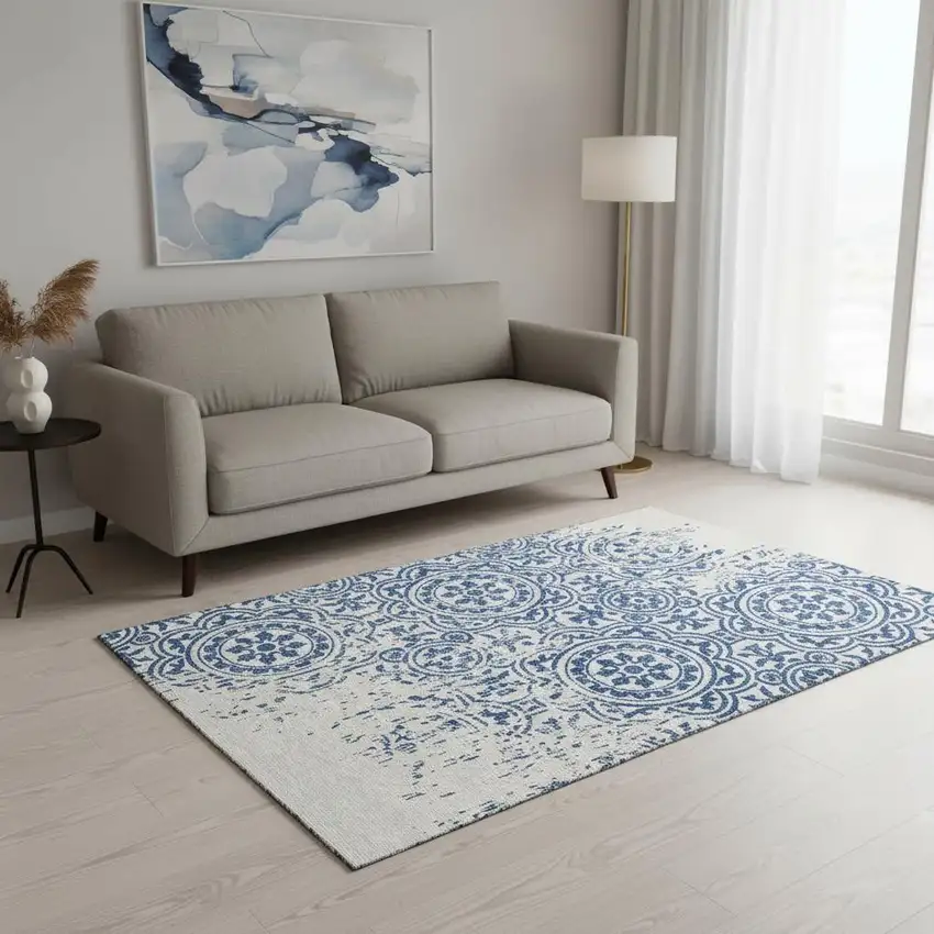 Navy Blue And Ivory Medallion Washable Area Rug With UV Protection Photo 2