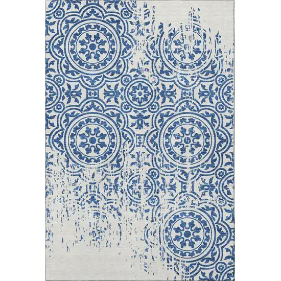 Navy Blue And Ivory Medallion Washable Area Rug With UV Protection Photo 4