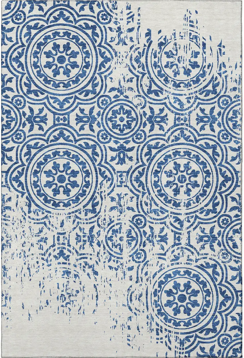 Navy Blue And Ivory Medallion Washable Area Rug With UV Protection Photo 4