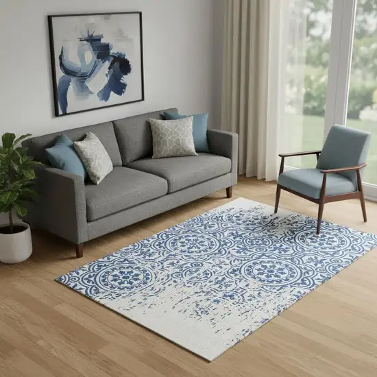 Navy Blue And Ivory Medallion Washable Area Rug With UV Protection Photo 1