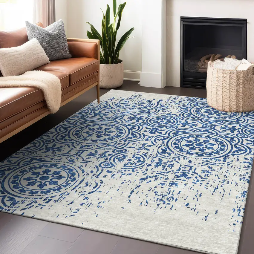 Navy Blue And Ivory Medallion Washable Area Rug With UV Protection Photo 6