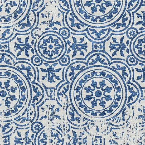 Navy Blue And Ivory Medallion Washable Area Rug With UV Protection Photo 3