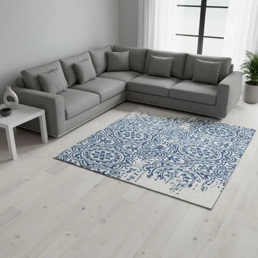 Navy Blue And Ivory Medallion Washable Area Rug With UV Protection Photo 2