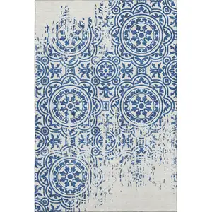 Photo of Navy Blue And Ivory Medallion Washable Area Rug With UV Protection